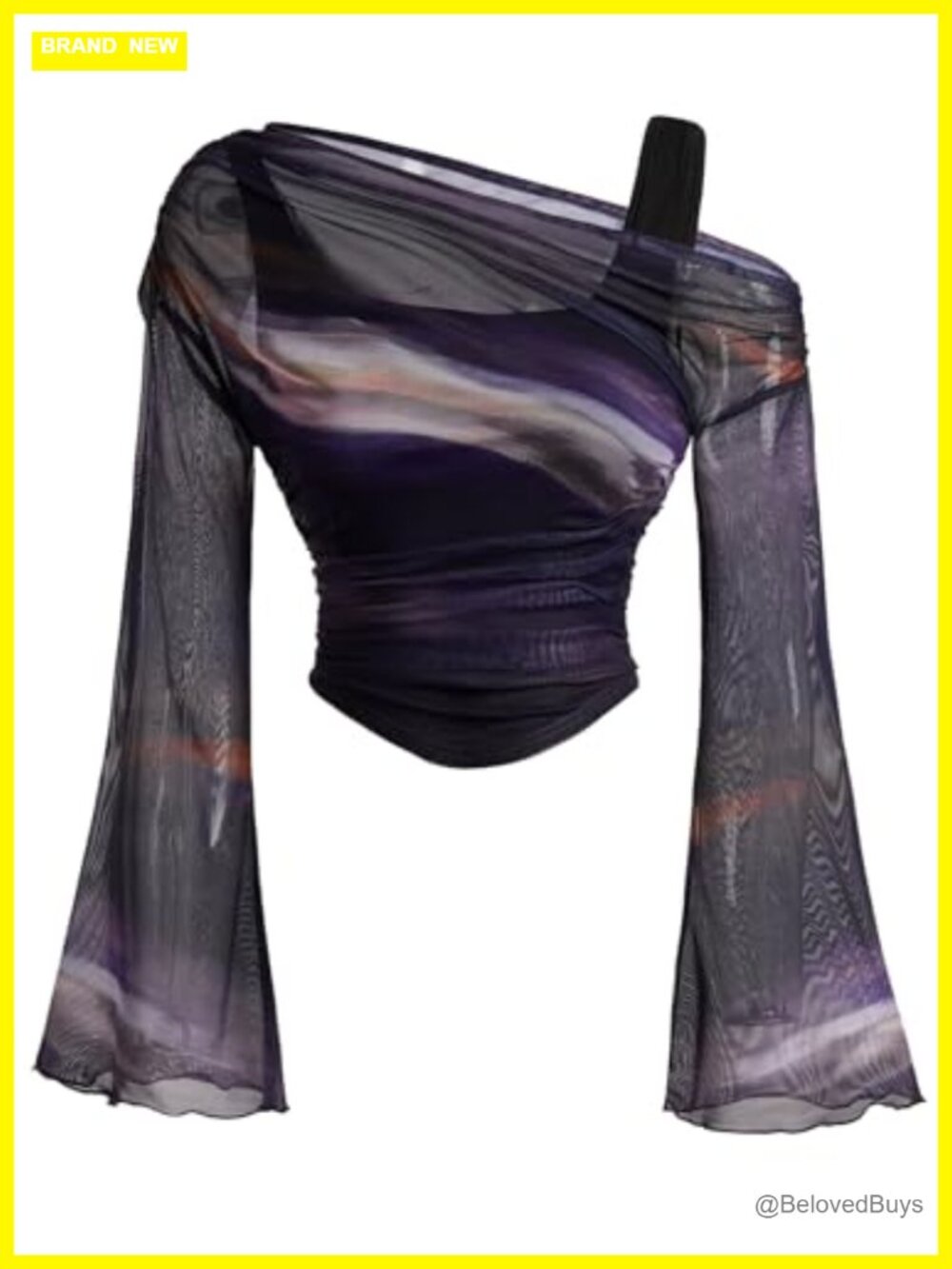 Off Shoulder Bell Sleeve Mesh Top Y2K Slim Fit Asymmetrical Crop